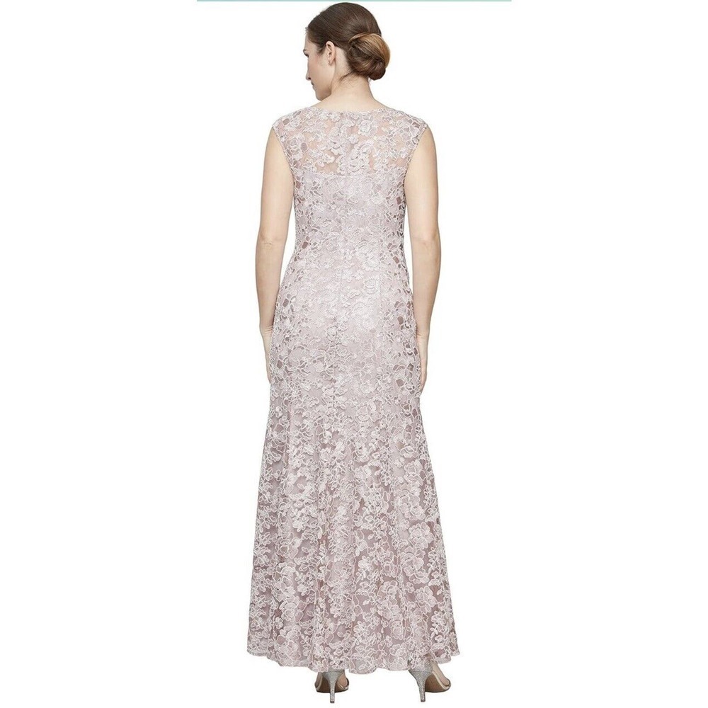 Alex Evenings Dress Gown Midi Size 12 Embroidered Formal Illusion Neckline Pink - Picture 2 of 8